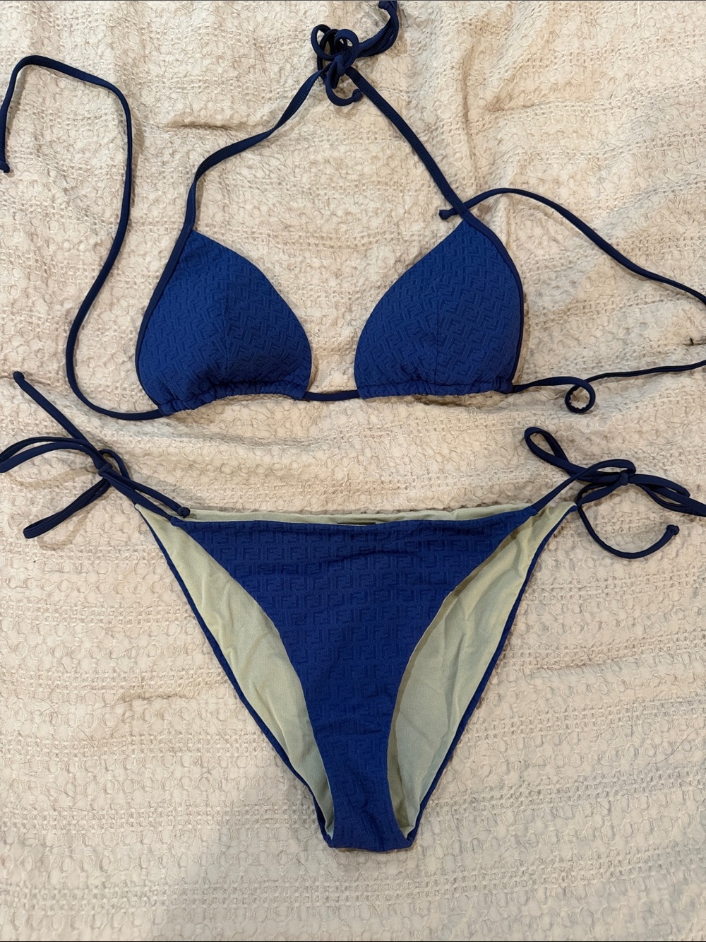 Fendi Blue Textured Triangle Tie-Side Bikini